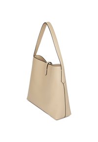 Beige bőr táska struktúrált formával, fekete peremmel és egyetlen vállpánttal. Felső záródással és letisztult dizájnnal rendelkezik.