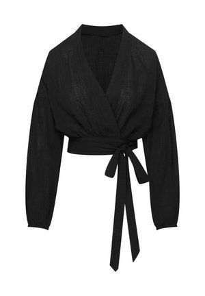 Schwarzes Wickeloberteil mit langen, luftigen Ärmeln. Hergestellt aus strukturiertem Stoff, mit einem Bindeband in Taillenhöhe und einem tiefen V-Ausschnitt.