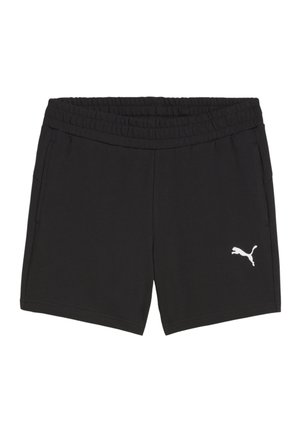 Schwarze Shorts aus weichem Stoff mit einem elastischen Bund, ausgestattet mit zwei Seitentaschen und einem weißen Puma-Logo auf der unteren linken Seite.