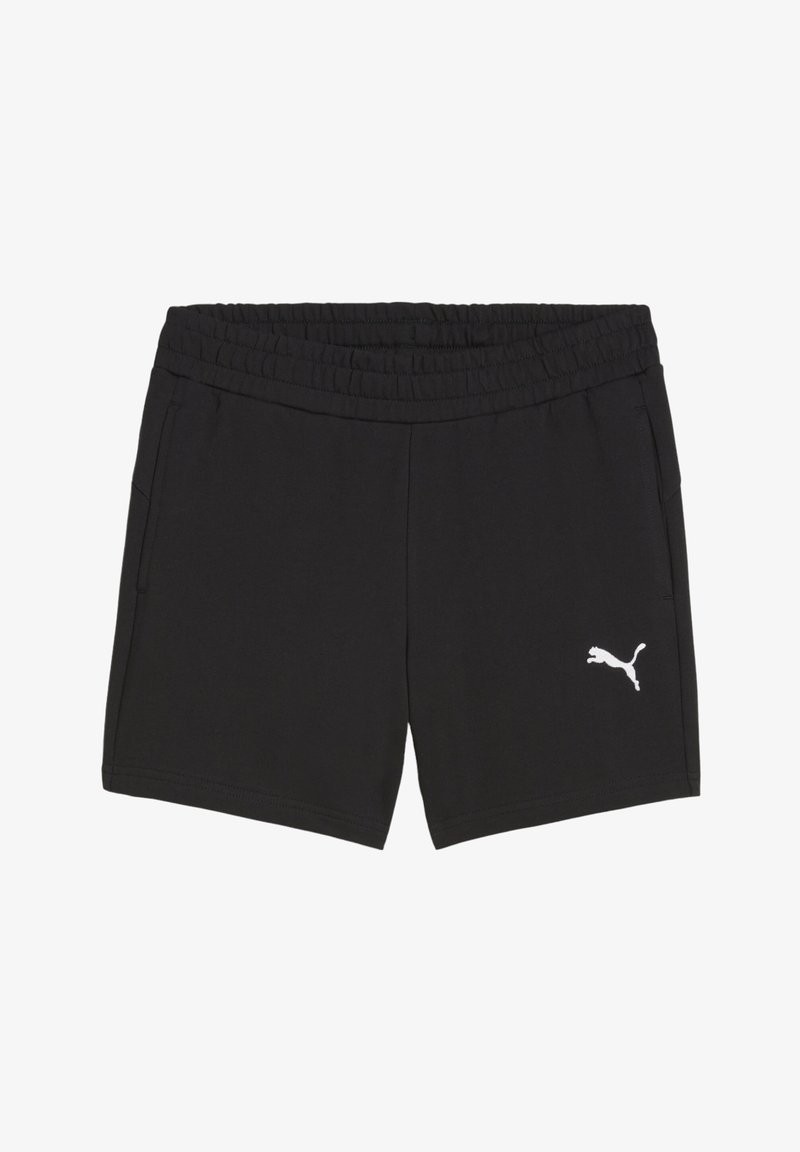 Zwarte shorts van zachte stof met een elastische tailleband, met twee zijzakken en een wit Puma-logo aan de onderzijde aan de linkerzijde.