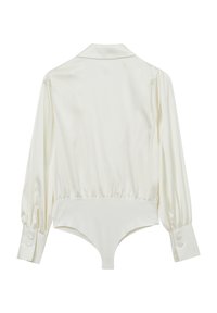 Satinbluse aus Creme mit langen Puffärmeln, Kragen und Knopfmanschetten. Bodystyle mit nahtlosem Boden, weicher Glanztextur, elegantes Design.