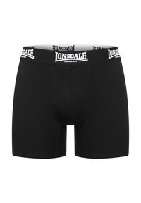 Black cotton boxer shorts with a snug fit, featuring a white branded elastic waistband with "Lonsdale London" text. Smooth texture, no patterns.