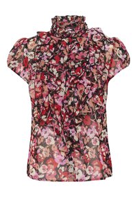 Blouse fleurie avec un col montant à volants, manches courtes et un tissu léger et transparent. Les couleurs comprennent le rouge, le rose et le beige sur un fond sombre.