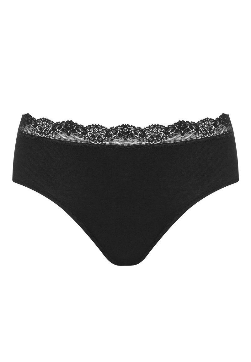 Czarne bawełniane majtki o dekoracyjnym koronkowym pasku w talii. Gładka tekstura, standardowy krój, z misternym wzorem koronki wzdłuż górnej krawędzi.