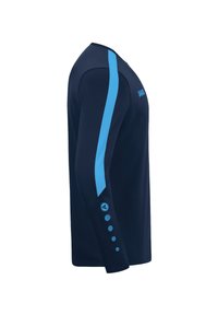 Marineblauw sportshirt met lange mouwen, voorzien van lichtblauwe accenten en branding. Heeft een gestructureerd paneel op de schouders en decoratieve knopen op de manchetten.
