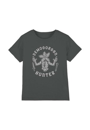 Dark gray cotton t-shirt featuring a central graphic of a creature with four arms and weapons, surrounded by the text "DEMOGORGON HUNTER."