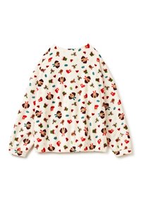 Krémový fleecový pulovr s vánočním vzorem psích tváří s parůžky, zelenými dárky, červenými srdíčky, zvonky a cesmínovými listy.