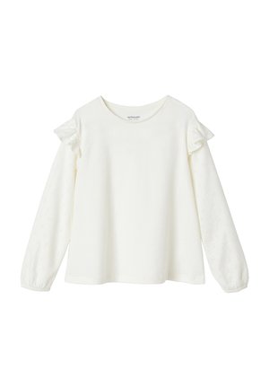 Long-sleeve white blouse with round neckline, ruffled details on shoulders, and textured eyelet fabric sleeves.