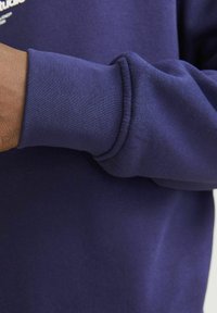 Sudadera azul marino con tejido texturizado, que presenta puños acanalados y un cuerpo liso. Vista en primer plano del detalle de la manga.
