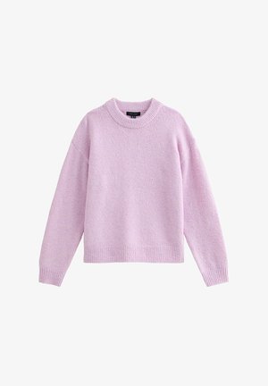Pull violet clair avec un col rond, manches longues et bords côtelés. Texture douce, coupe décontractée et design minimaliste.