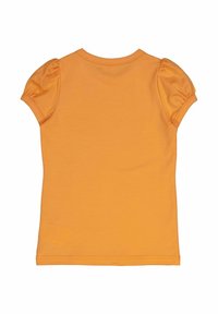 Tričko s krátkým rukávem, oranžové barvy, bavlněný materiál, přiléhavý střih, design nařasených rukávů, kulatý výstřih, hladká textura, bez viditelných vzorů nebo akcentů.