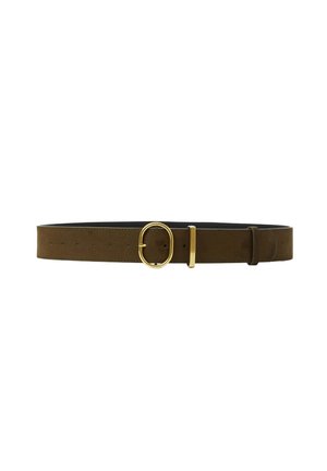 Ceinture en cuir marron avec une boucle ronde dorée et plusieurs trous de réglage, présentée sur fond blanc.