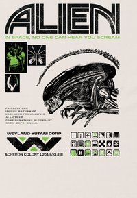 Criatura alienígena estilizada en negro y verde con iconos y texto "ALIEN" y "En el espacio, nadie puede oír tus gritos" de Weyland-Yutani Corp.