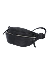 Black leather waist bag with two front zippered compartments and an adjustable strap.