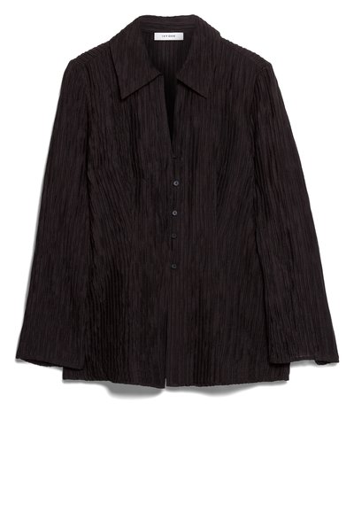 Black long-sleeve shirt with a plissé texture, notched collar, and button front. Features a relaxed fit and subtle sheen.