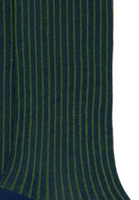 Calze a righe di un blu navy scuro con sottili strisce verdi, caratterizzate da una texture liscia e un motivo a coste su tutto il tessuto.
