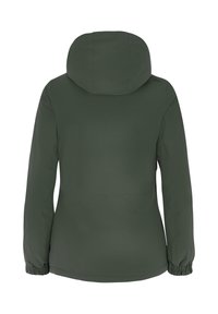 Wasserabweisende grüne Jacke mit Kapuze, elastischen Bündchen und taillierter Passform. Glatte Textur ohne sichtbare Muster oder Akzente.