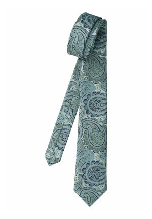 Light blue paisley patterned silk necktie with dark blue and green intricate floral and swirl designs, folded at the top.