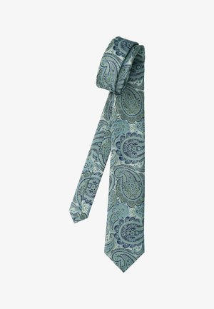 Hellblau gemustertes Seidennickertuch mit Paisley-Motiv und dunkelblauen sowie grünen komplexen Blumen- und Wirbelmustern, oben gefaltet.