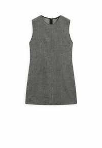 Robe gris sans manches au design ajusté, fabriquée en tissu texturé. Présente un col rond et deux coutures frontales pour la silhouette. Fermeture éclair au dos.