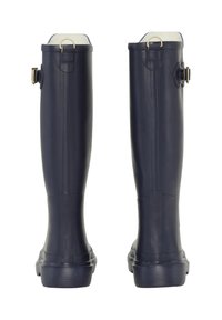 Námořnické gumové dešťové boty s hladkým povrchem, zaoblenými špičkami, nastavitelnými bočními přezkami a texturovanými podrážkami pro lepší trakci.