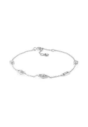 Zarter silberner Kettenarmband mit fünf kleinen ovalen und rechteckigen Gliedern, jeweils mit erhabenem Kuppeldesign, und Karabinerverschluss.