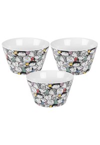 Tre ciotole coniche in ceramica con un interno bianco e un motivo di personaggi dei cartoni animati colorati sul lato esterno in nero, rosa, giallo e verde.