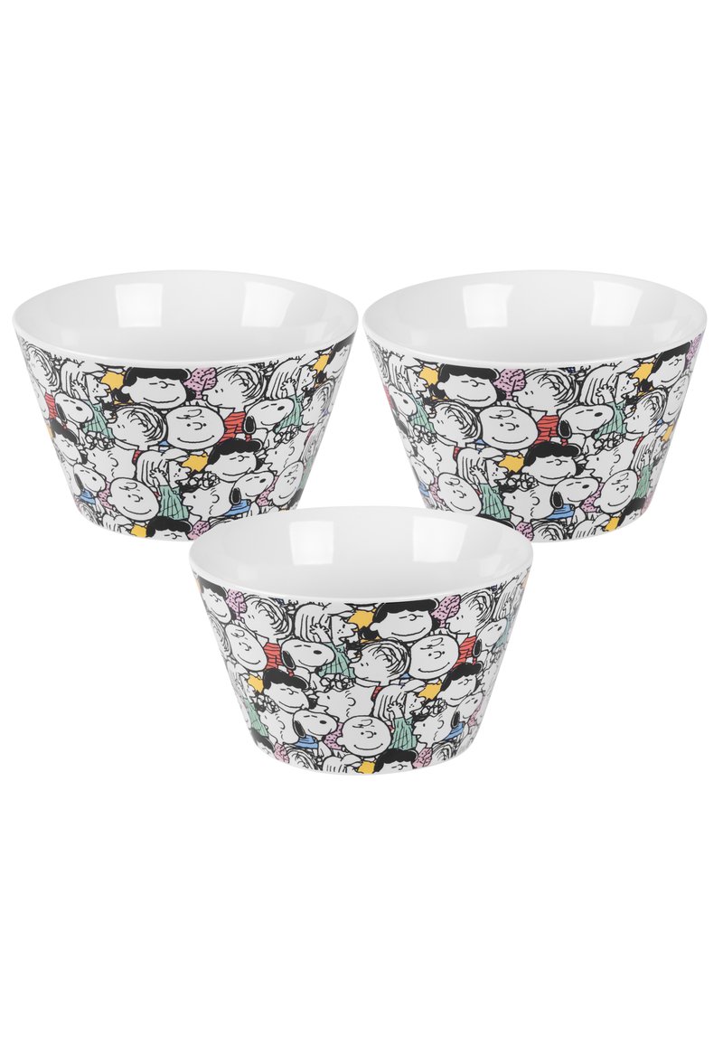 Tre ciotole coniche in ceramica con un interno bianco e un motivo di personaggi dei cartoni animati colorati sul lato esterno in nero, rosa, giallo e verde.