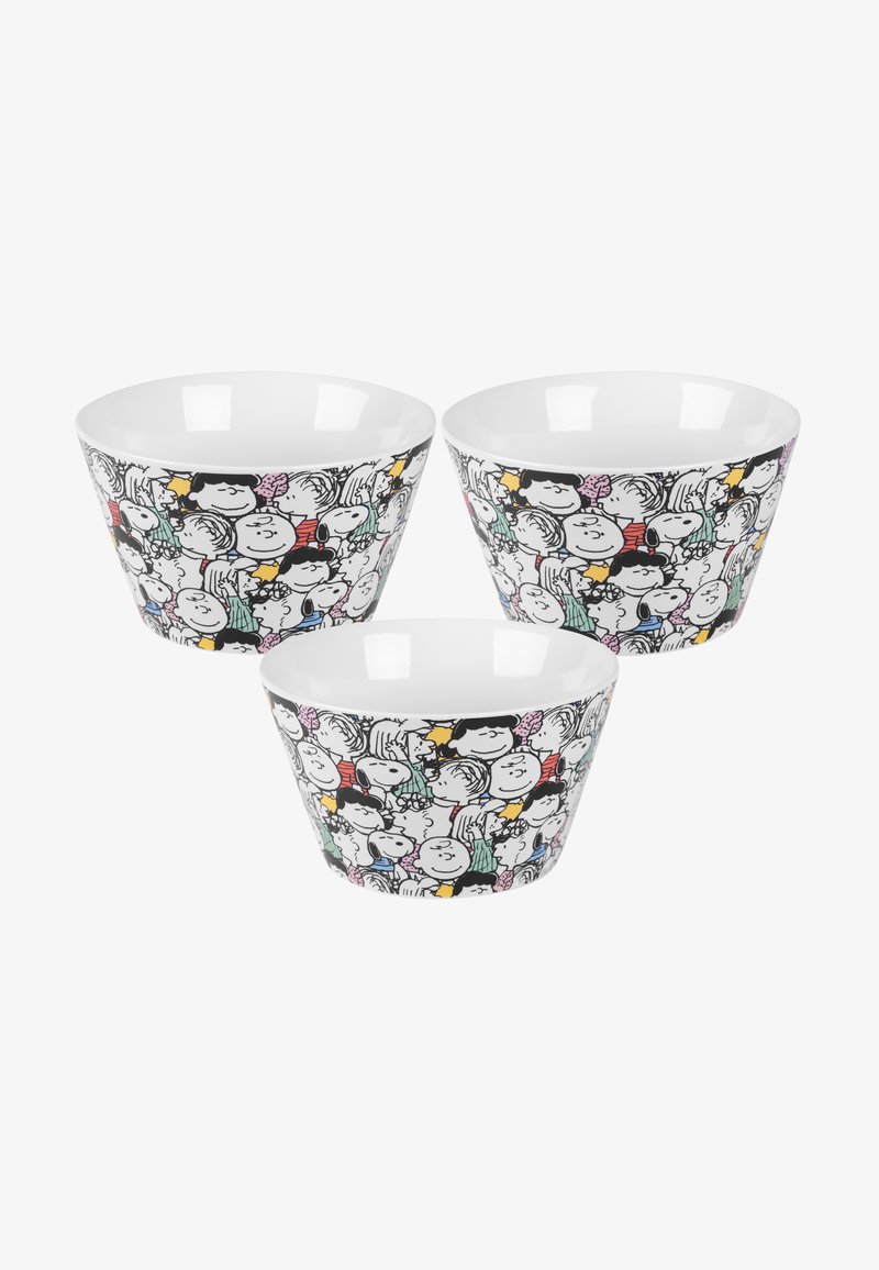 Tre ciotole coniche in ceramica con un interno bianco e un motivo di personaggi dei cartoni animati colorati sul lato esterno in nero, rosa, giallo e verde.