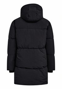 Schwarze Steppjacke mit Kapuze, mit einem gesteppte Design, langen Ärmeln und einem geraden Saum. Das Material wirkt glatt mit matter Oberfläche.