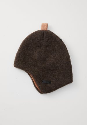 Brown wool winter hat with ear flaps and a small tan fabric loop on top, labeled "Pure Pure."