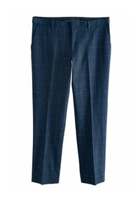 Marineblaue Karohosen mit geradem Schnitt, glattem Stoff, zwei vorderen Taschen und Gürtelschlaufen. Das Muster besteht aus weißen und hellblauen Gitterlinien.