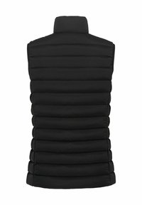 Gilet imbottito nero con colletto alto, caratterizzato da pannelli trapuntati orizzontali e una superficie esterna liscia e texture. Nessuna tasca visibile.