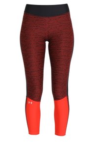 Legginsy w czerwono-czarny wzór z wysokim elastycznym pasem i jednolitą czerwoną wstawką przy łydce; wykonane z elastycznej, odprowadzającej wilgoć tkaniny.