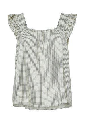 Blouse blanche sans manches avec motif à carreaux noir, encolure carrée et bretelles à volants.