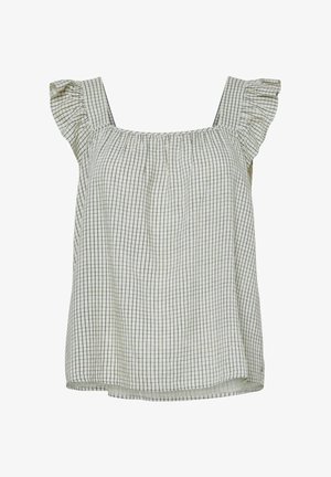 Blusa bianca senza maniche con motivo a quadretti neri, scollo quadrato e spalline arricciate.