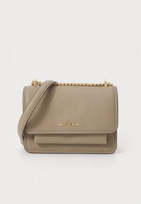Kožená kabelka cez rameno v taupe farbe so zlatým reťazovým popruhom, vybavená preklápacou chlopňou a vyrazeným logom na prednej strane. Povrch s textúrou.