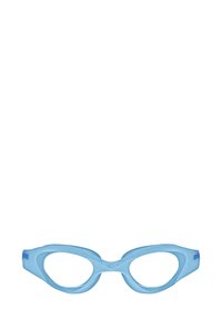 Occhiali da nuoto in silicone trasparente azzurro chiaro con un design aerodinamico, dotati di lenti a forma ovale e dettagli laterali testurizzati.