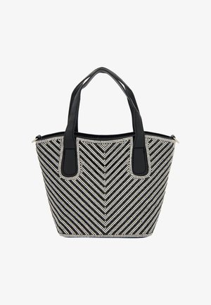 Sort/hvid stribet tote bag pyntet med rhinsten, med to solide sorte håndtag og en struktureret form.