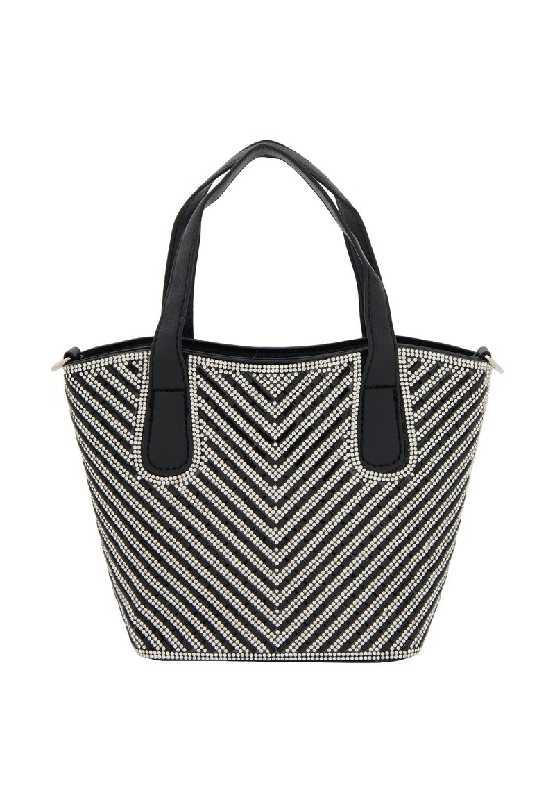 Sort/hvid stribet tote bag pyntet med rhinsten, med to solide sorte håndtag og en struktureret form.