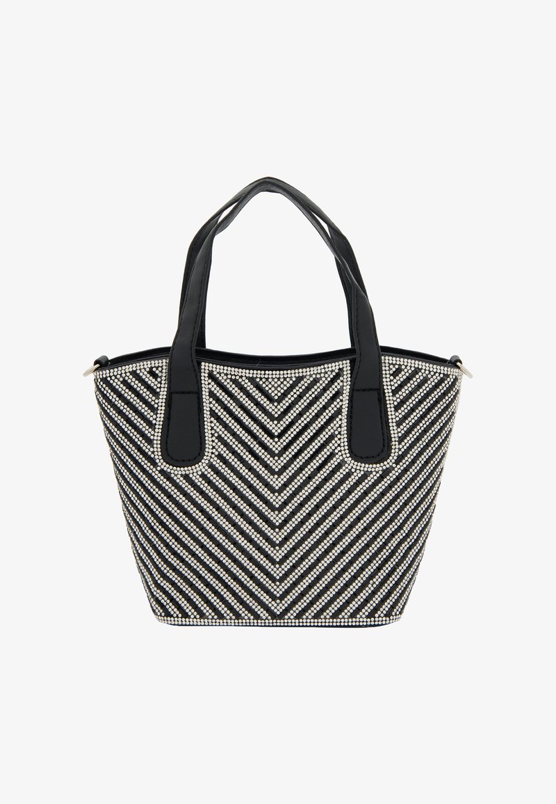 Sort/hvid stribet tote bag pyntet med rhinsten, med to solide sorte håndtag og en struktureret form.