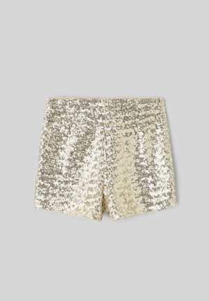 Shorts en sequins dorés avec une taille élastique, présentant une texture scintillante et un design ajusté. Surface lisse avec des accents réfléchissants.