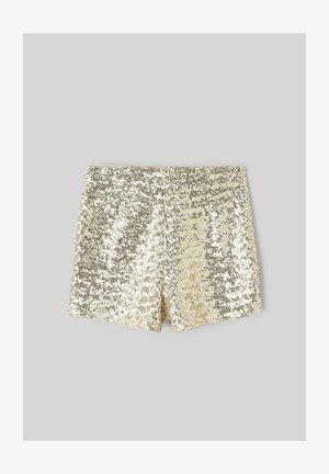 Shorts en sequins dorés avec une taille élastique, présentant une texture scintillante et un design ajusté. Surface lisse avec des accents réfléchissants.