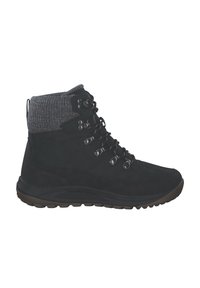 Stivale da trekking in suede nero con suola in materiale sintetico, presenta un polsino in maglia grigia, occhielli in metallo e lacci tondi, progettato per resistenza e supporto.