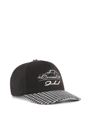Sort baseballkasket med en sort-hvid hundetandsmønsteret skygge, med en hvid omridset vintagebil og "911" tekst på fronten.