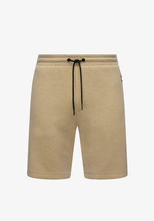 Beige katoenen shorts met een elastische tailleband en zwarte trekkoord. Glad textuur, knielang en met details van zijzakken.
