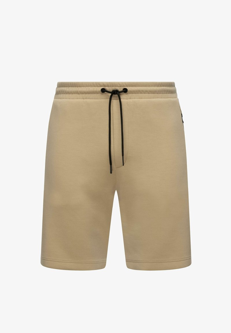 Beige bavlněné šortky s elastickým pasem a černou šňůrkou. Hladká textura, délka po kolena a detaily bočních kapes.