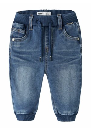 Pantalons jogger en denim bleu pour tout-petits avec taille élastique, cordon, poches et poignets côtelés.