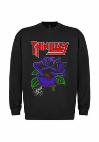 Svart hettegenser med et grafisk trykk av en lilla rose og teksten "Thin Lizzy" i rødt. Detaljerte blader og aksenter forsterker designet.