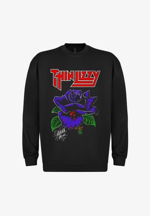 Sort sweatshirt med et grafisk motiv af en lilla rose og teksten "Thin Lizzy" i rød. Detaljerede blade og accenter forbedrer designet.